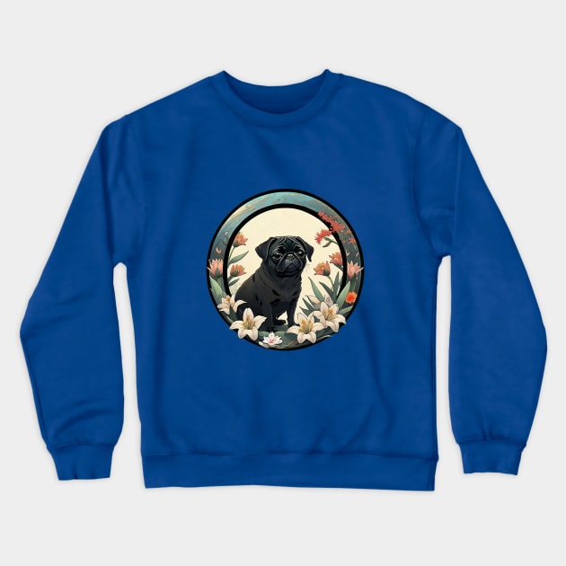 Black Pug Lilies Crewneck Sweatshirt by Pet And Petal